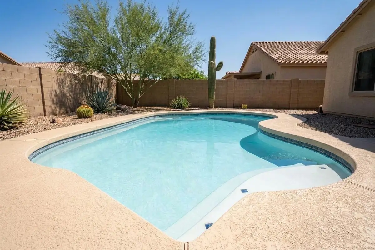 After resurfacing, the same pool with smooth new white plaster and clear water