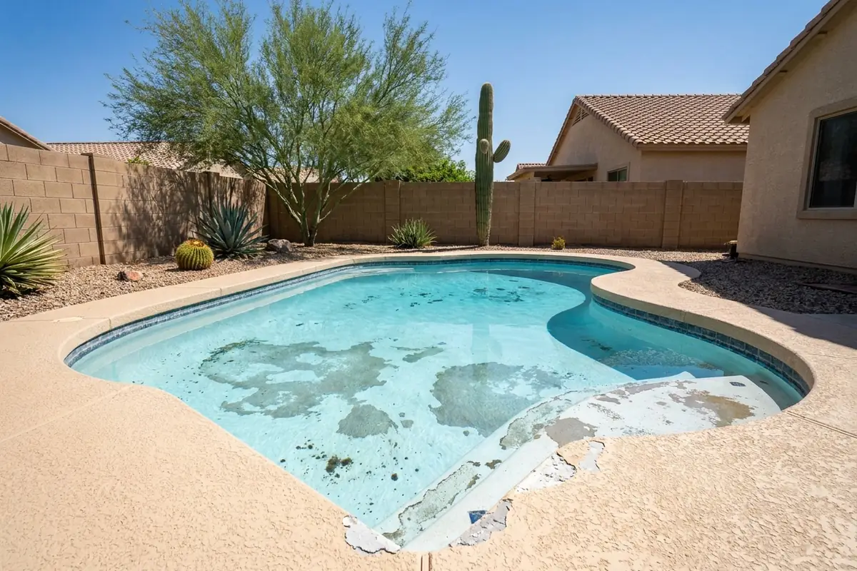 Before resurfacing, a Phoenix backyard pool with stained, blotchy plaster and chipped steps