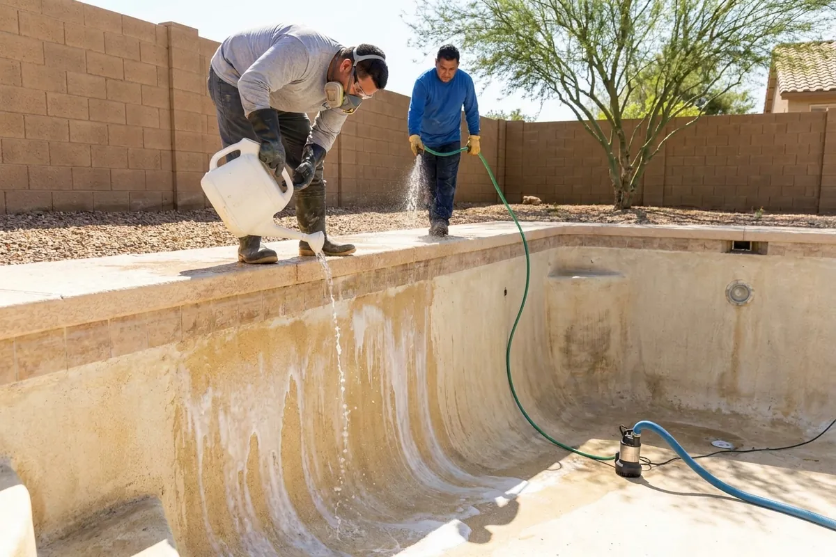 Acid wash in progress on a drained pool: one worker pours diluted acid down a stained wall while another rinses with a hose