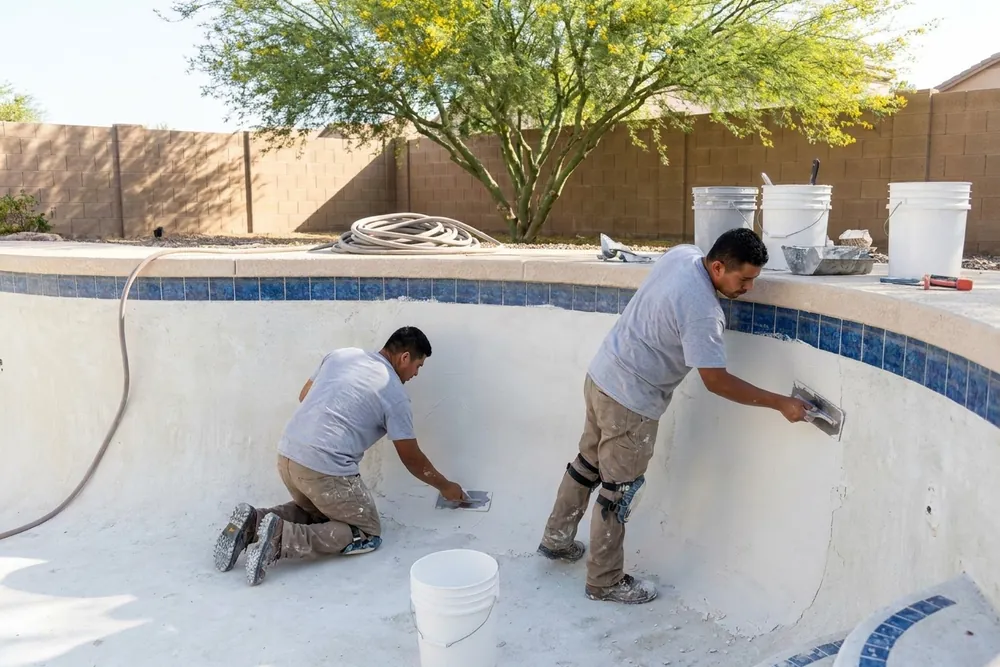 Two workers troweling new white plaster on the walls of a drained pool