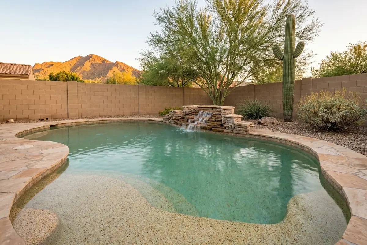 Freeform pool with a sand-colored pebble finish and a flagstone waterfall in a Phoenix backyard with a saguaro