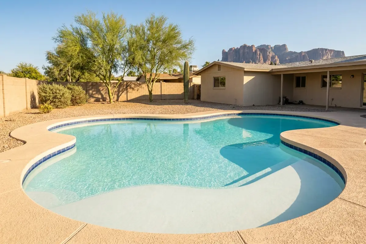 Kidney-shaped pool with smooth white plaster in a Mesa backyard, with the Superstition Mountains behind