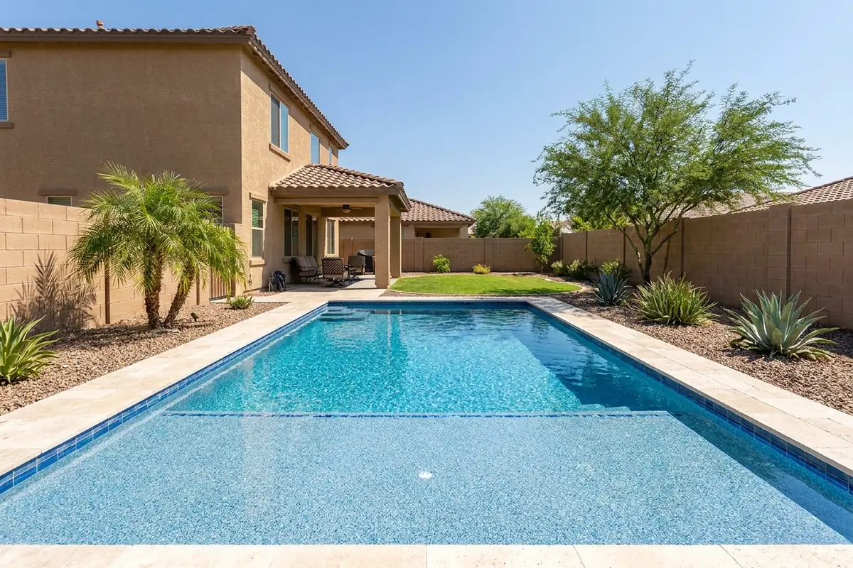 Rectangular pool with a blue quartz finish behind a two-story stucco home in Gilbert