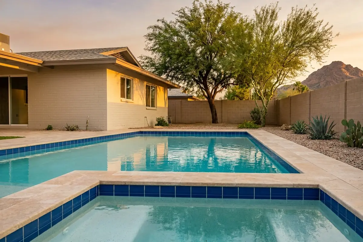 New blue waterline tile and travertine coping on a restored pool at a Tempe ranch house