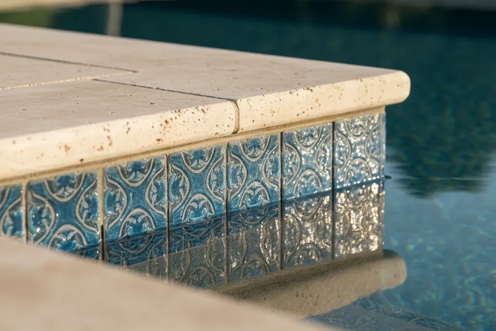 New waterline tile and travertine coping installed on a Phoenix pool